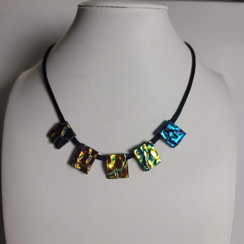 Dichroic Glass Iridescent‎ Square Pendant Black Cord Necklace Multicolor Artisan